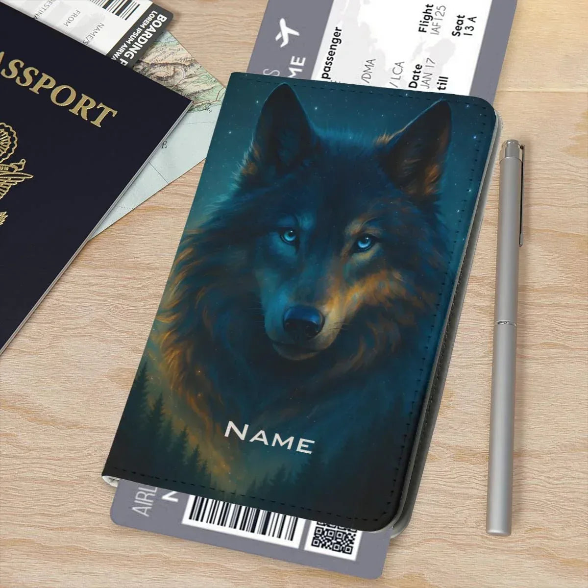 Personalized Wolf Passport Holder | Custom Name | Dark Wolf Ice-Blue Eyes Teal Starry Night PU Leather Travel Wallet Gift