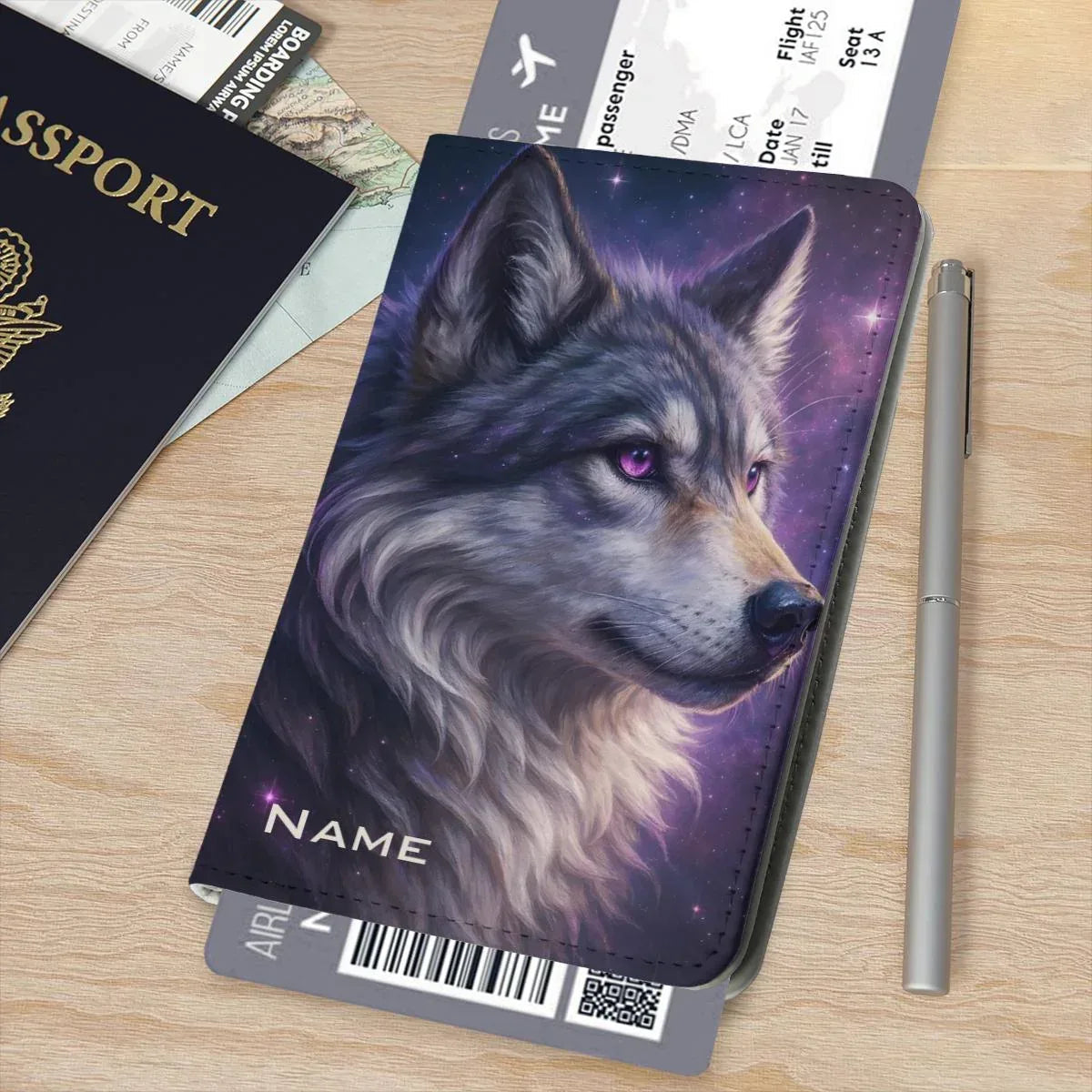 Personalized Galaxy Wolf Passport Holder | Custom Name | Purple Eyes Cosmic Wolf PU Leather Travel Cover