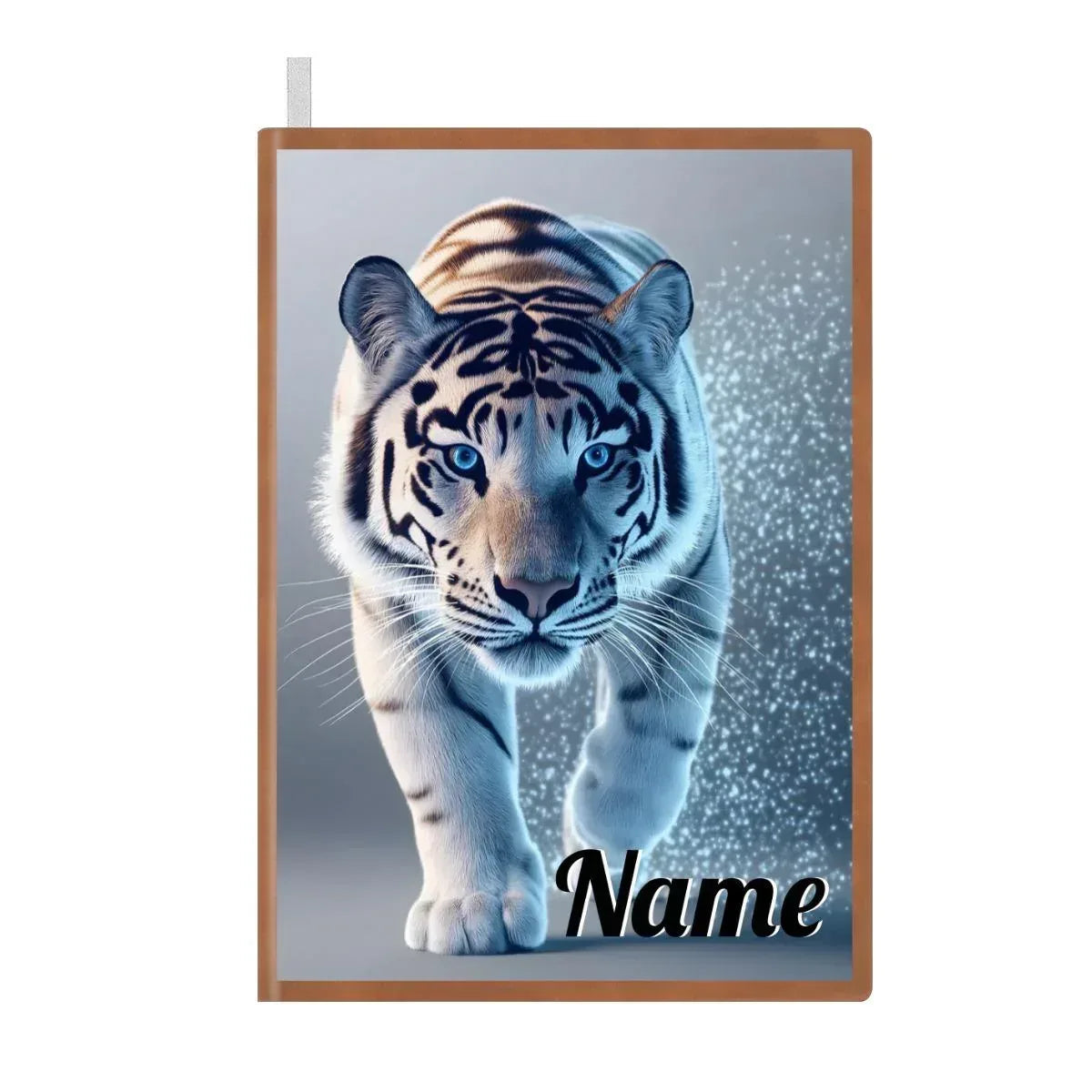 Personalized Tiger Notebook | Custom Name | White Tiger Icy Blue Frost Walking Toward You A5 PU Leather Writing Journal Gift