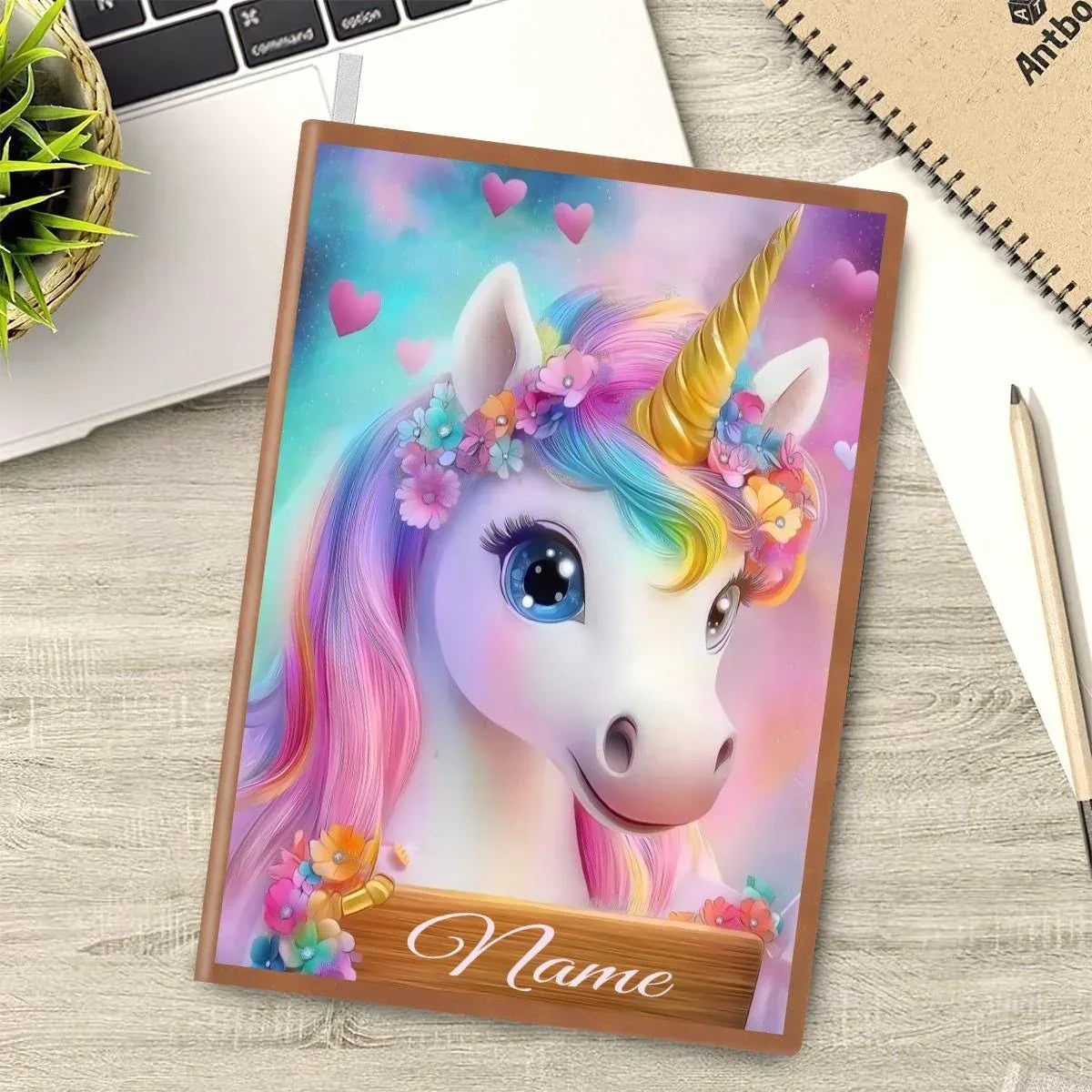 Personalized Unicorn Notebook | Custom Name | Pastel Rainbow Unicorn Floral Crown Heart A5 PU Leather Journal Gift
