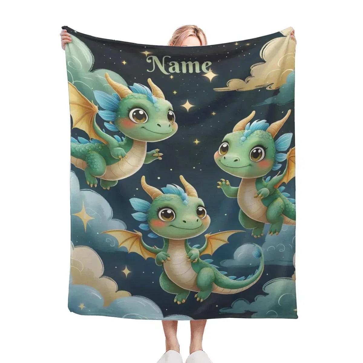 Personalized Green Dragon Blanket | Custom Name | Starry Night Fleece Throw