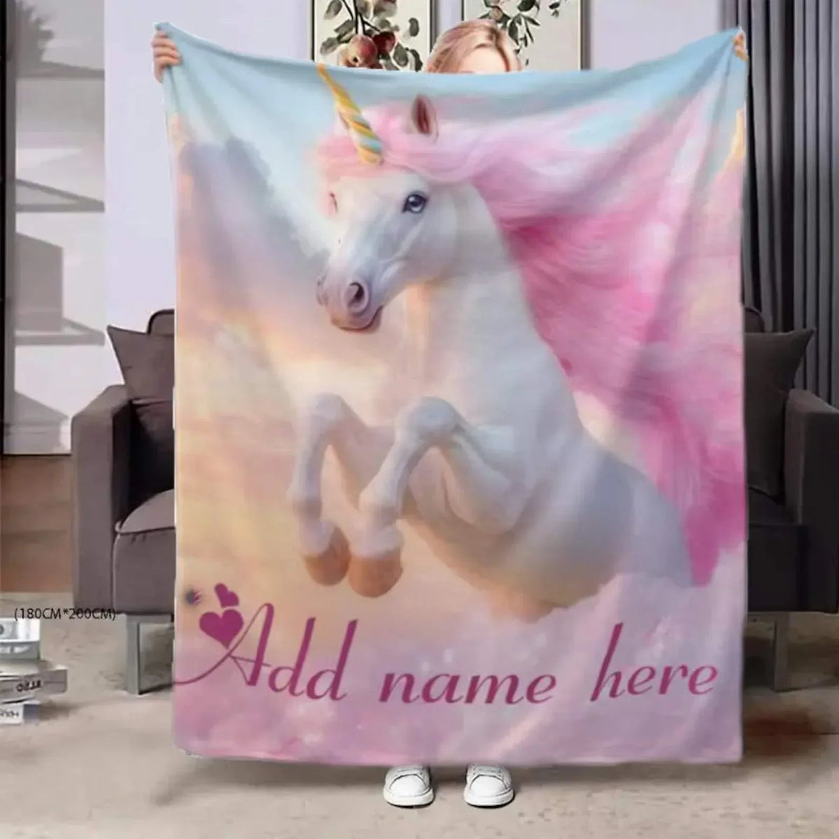 Personalized Pastel Unicorn Horse Blanket | Custom Name | Pink Blue Gradient 310gsm Fleece Throw Gift
