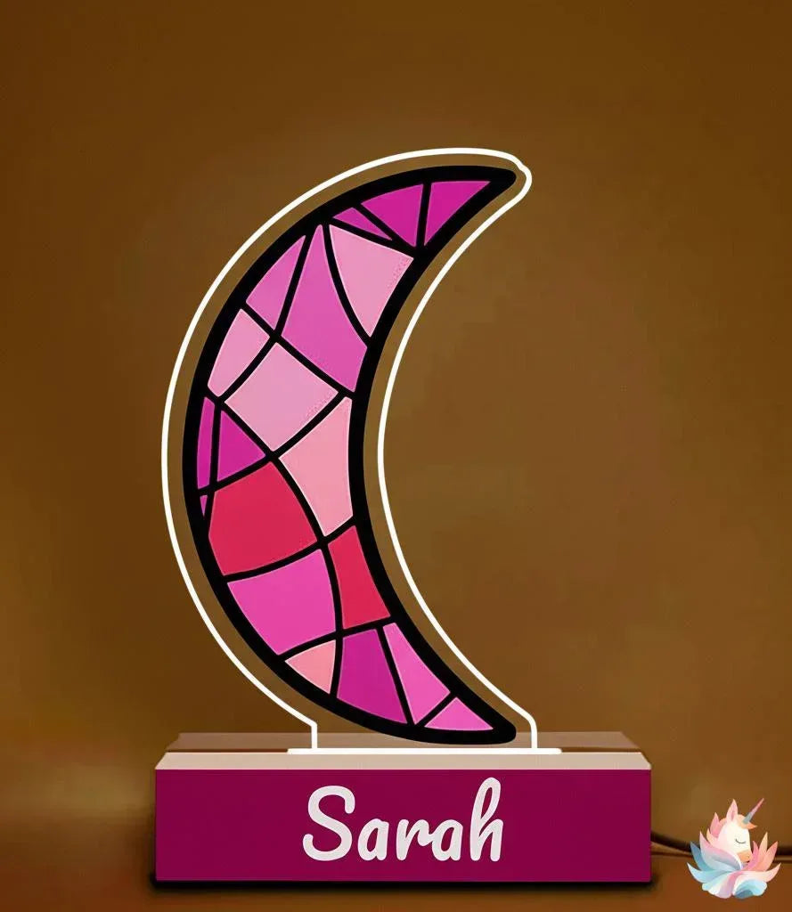 Personalized Pink Stained Glass Crescent Moon Night Light | Custom Name Wooden Base Lamp