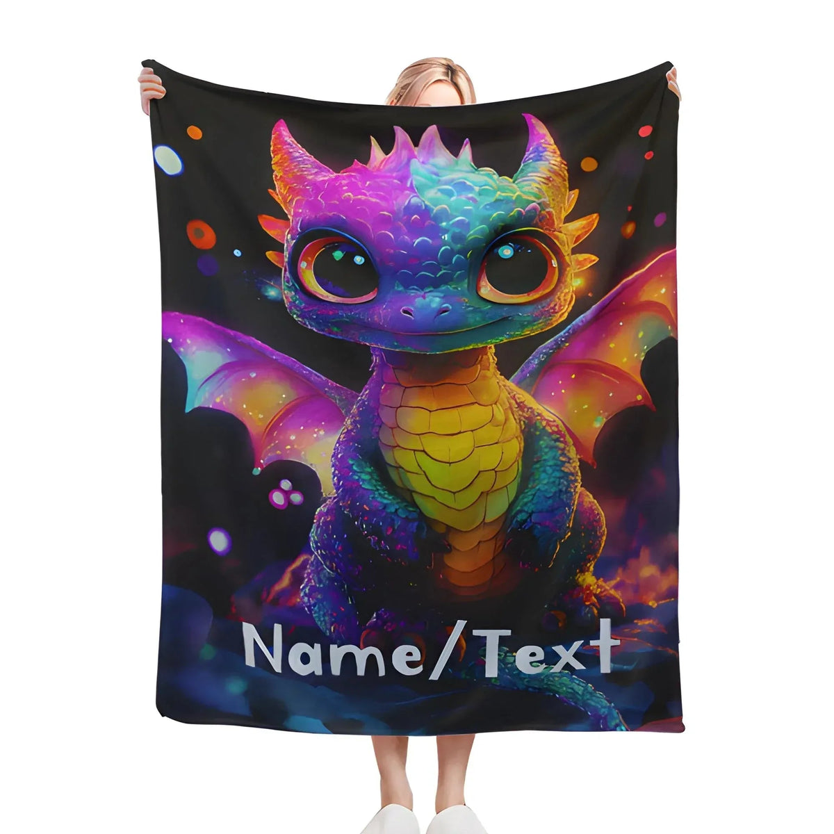 Personalized Rainbow Dragon Blanket | Custom Name | Glowing Black 310gsm Fleece Throw Gift