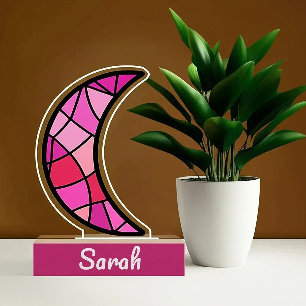 Personalized Pink Stained Glass Crescent Moon Night Light | Custom Name Wooden Base Lamp