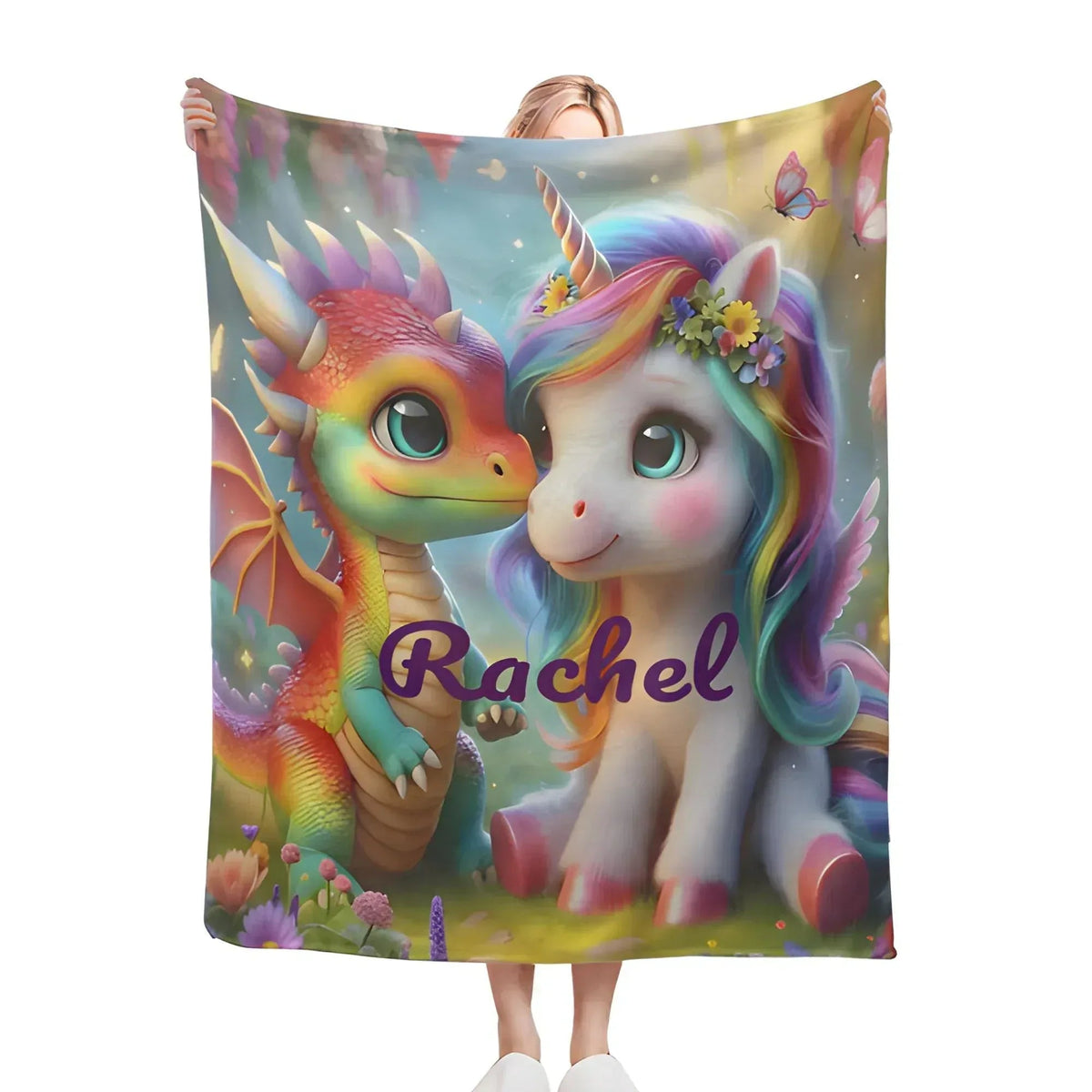 Personalized Unicorn and Dragon Blanket | Custom Name | Baby Dragon Unicorn Friends Fleece Throw Gift