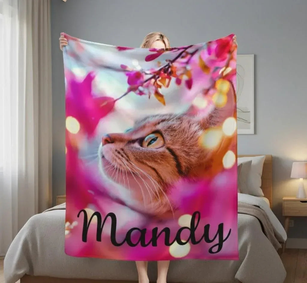 Personalized Cat Blanket | Custom Name | Tabby Cat Teal Eyes Hot Pink Cherry Blossom Bokeh Golden Light Fleece Throw Gift