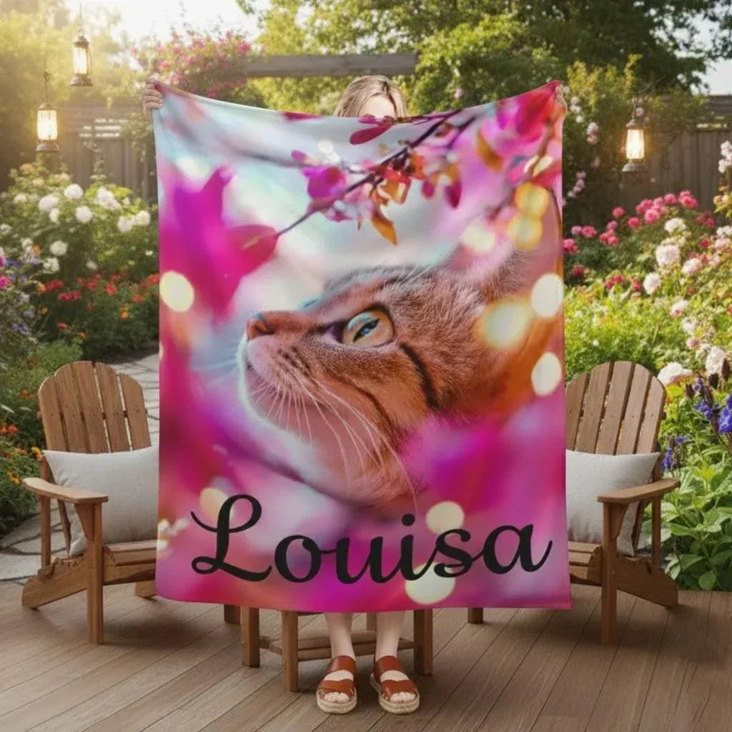 Personalized Cat Blanket | Custom Name | Tabby Cat Teal Eyes Hot Pink Cherry Blossom Bokeh Golden Light Fleece Throw Gift