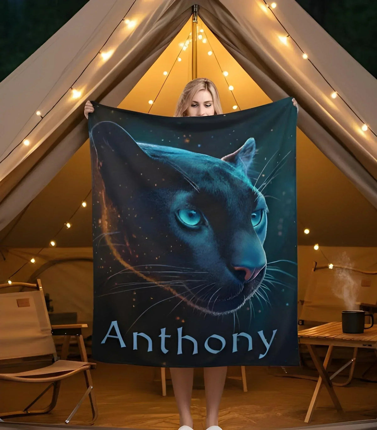Personalized Black Panther Blanket | Custom Name | Cosmic Portrait Glowing Teal Eyes Starry Night Flannel Fleece Throw Gift