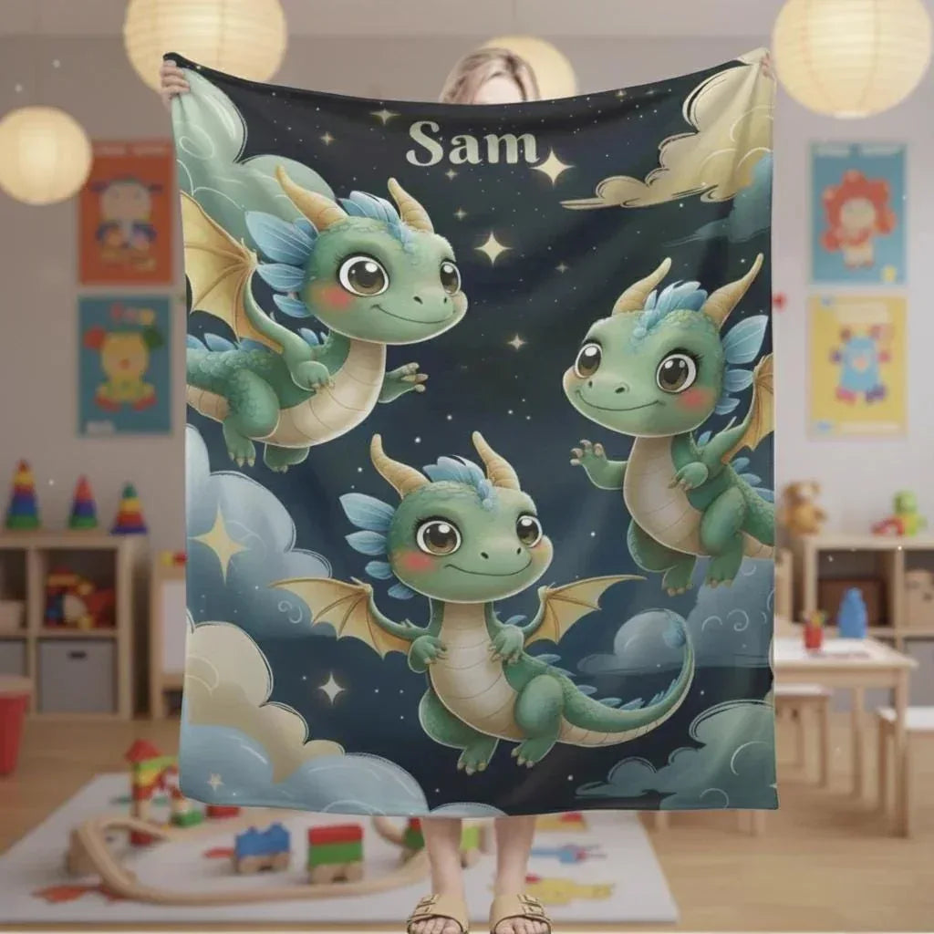 Personalized Green Dragon Blanket | Custom Name | Starry Night Fleece Throw