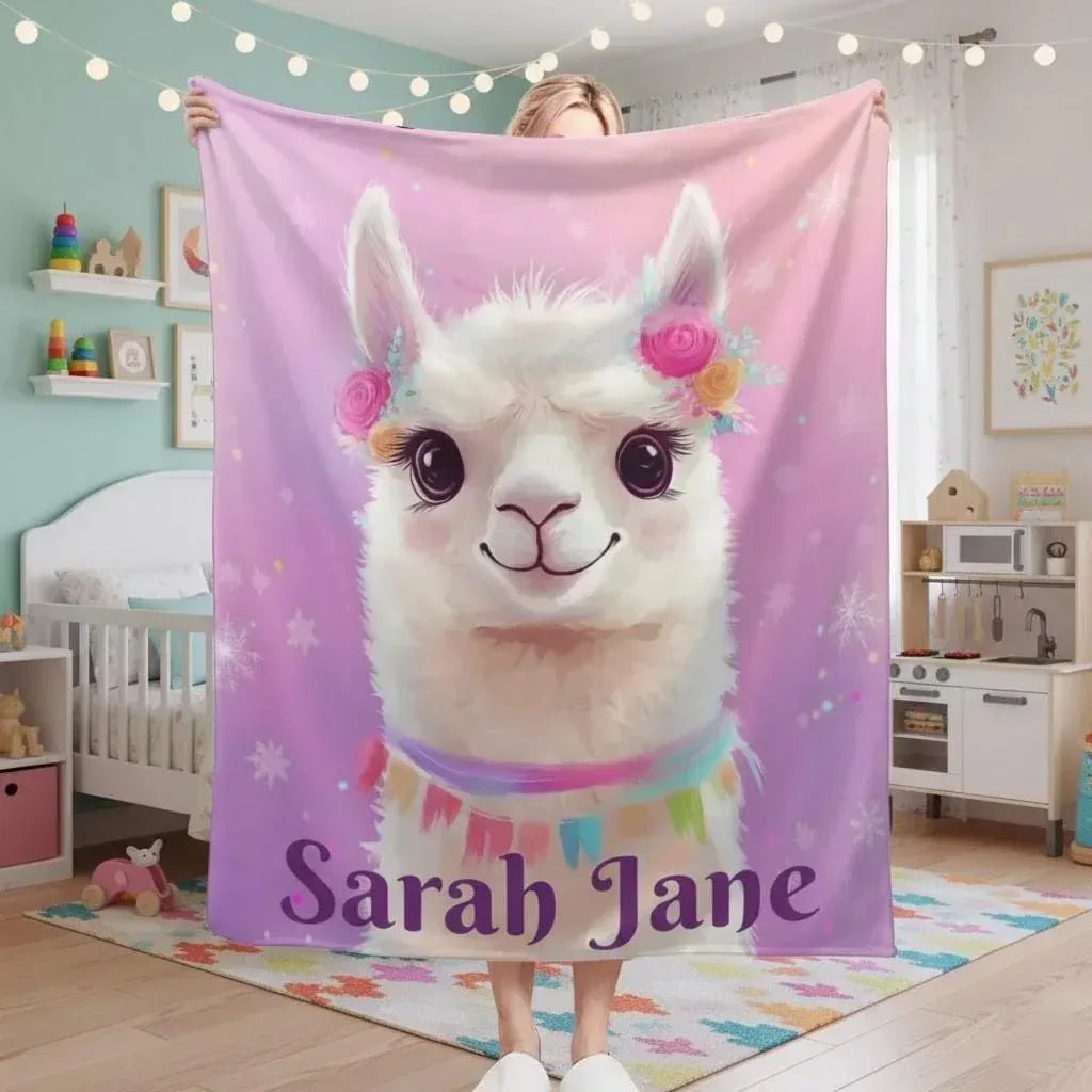 Personalized Llama Blanket | Custom Name | Pink Purple Alpaca Face Fleece Throw Gift
