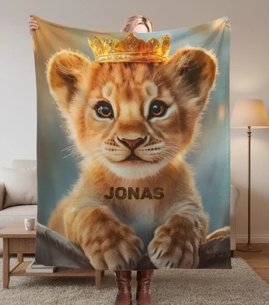 Personalized Crowned Lion Cub Blanket | Custom Name | Royal Golden Baby Lion with Gold Crown Fleece Throw Gift