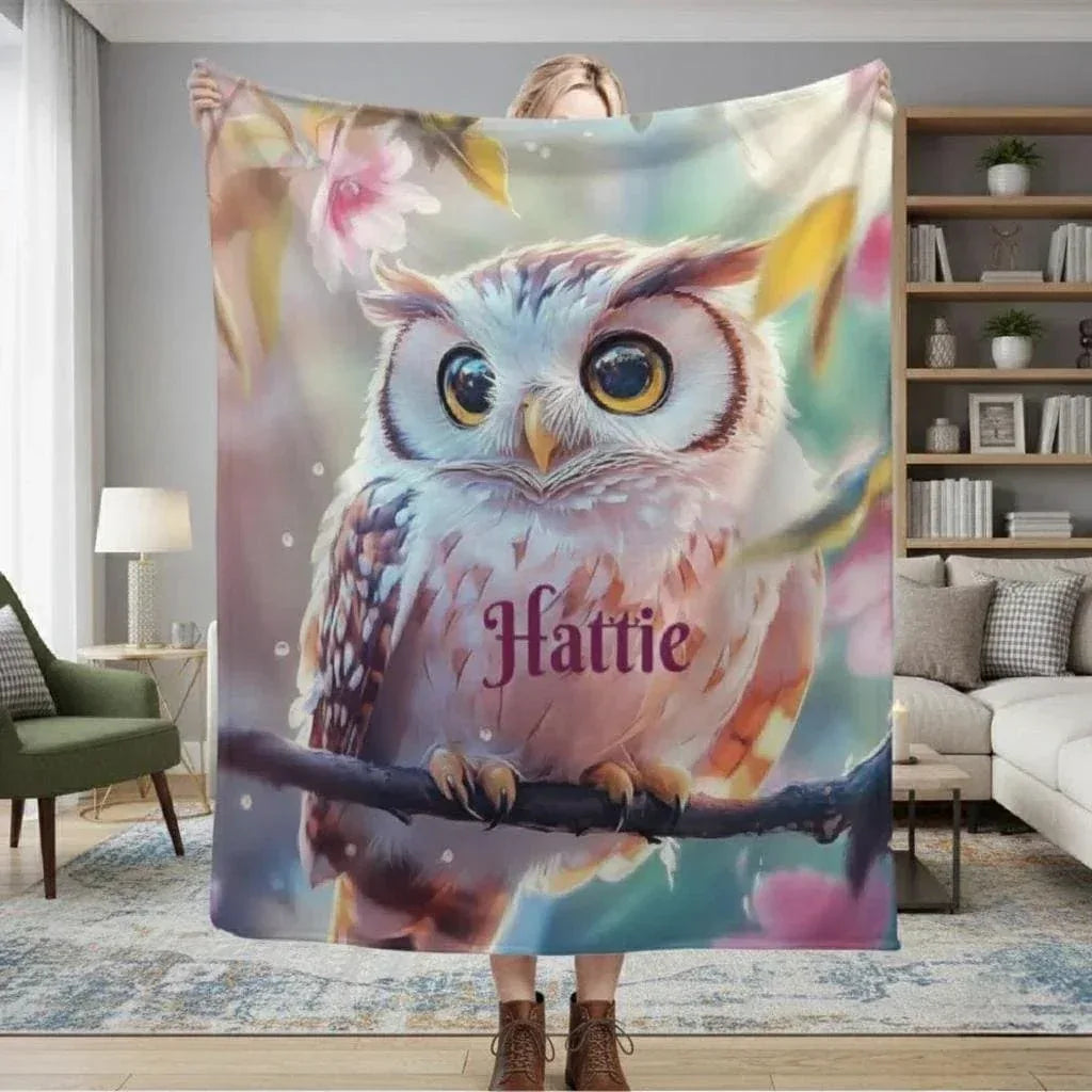 Personalized Owl Blanket | Custom Name | Fluffy Baby Owl on Branch Golden Amber Eyes Pink Floral Watercolor Spring Fleece Throw Gift