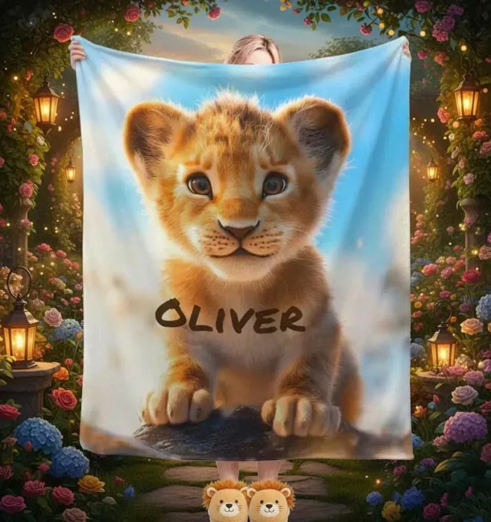 Personalized Lion Cub Blanket | Custom Name | Fluffy Golden Baby Lion Blue Sky Fleece Throw Gift