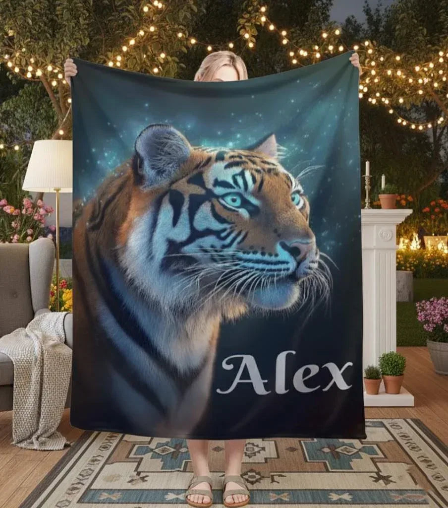 Personalized Tiger Blanket | Custom Name | Realistic Tiger Portrait Glowing Teal Eyes Starry Night Cosmic Fleece Throw Gift