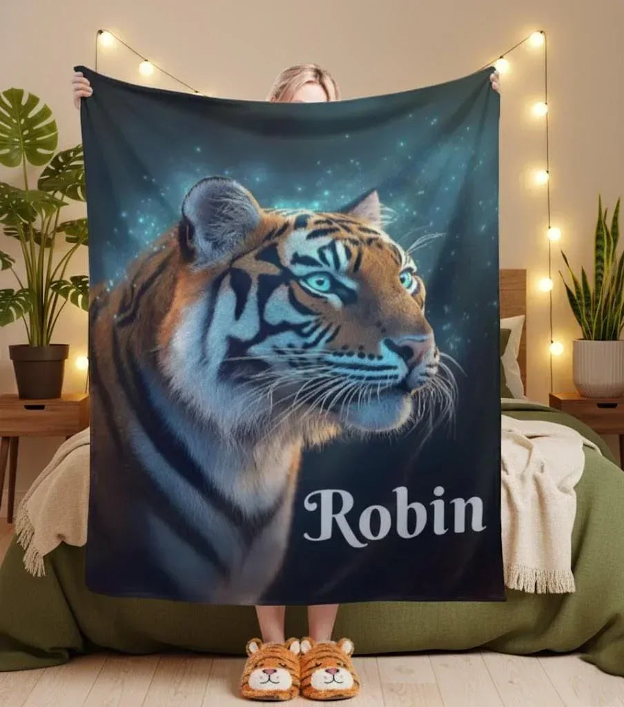 Personalized Tiger Blanket | Custom Name | Realistic Tiger Portrait Glowing Teal Eyes Starry Night Cosmic Fleece Throw Gift