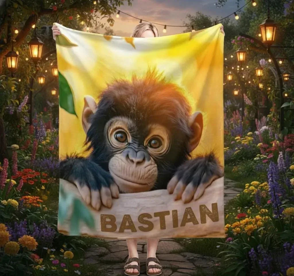 Personalized Baby Chimpanzee Blanket | Custom Name | Cheeky Chimp Peeking Over Log Yellow Jungle Fleece Throw Gift
