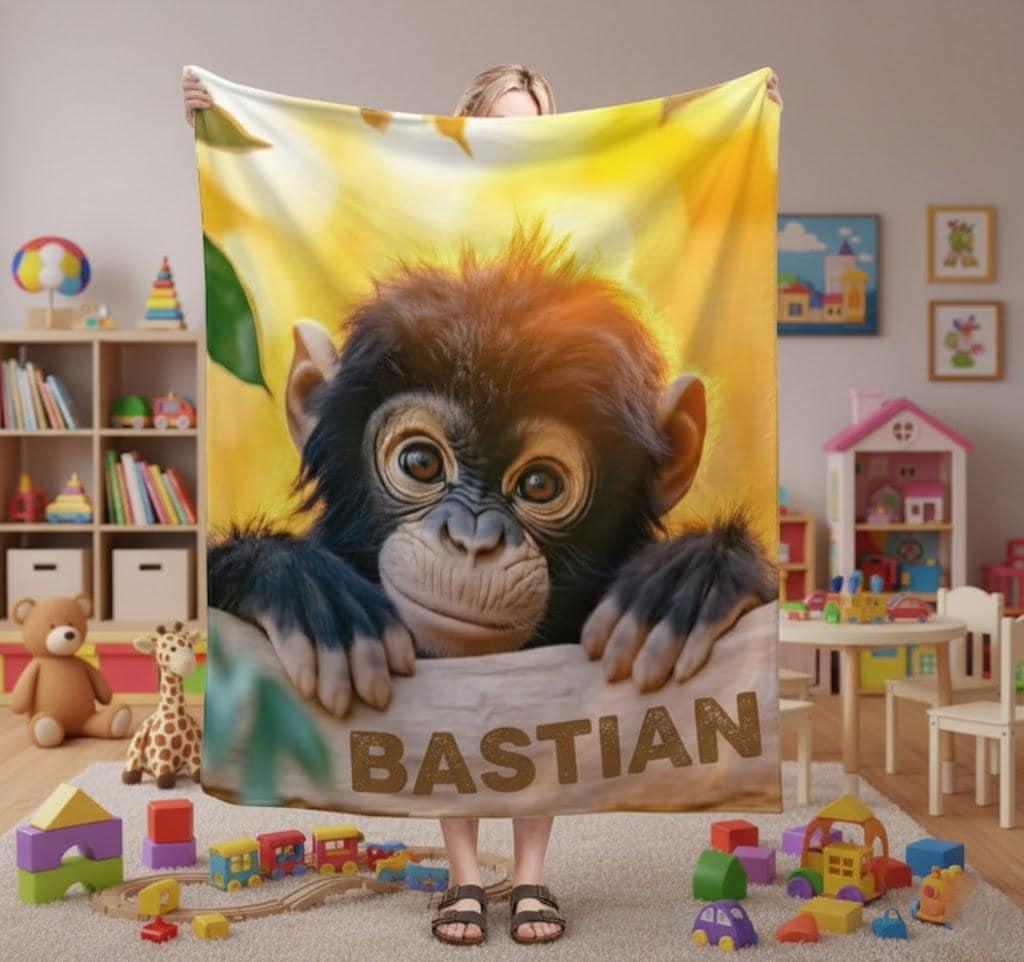 Personalized Baby Chimpanzee Blanket | Custom Name | Cheeky Chimp Peeking Over Log Yellow Jungle Fleece Throw Gift
