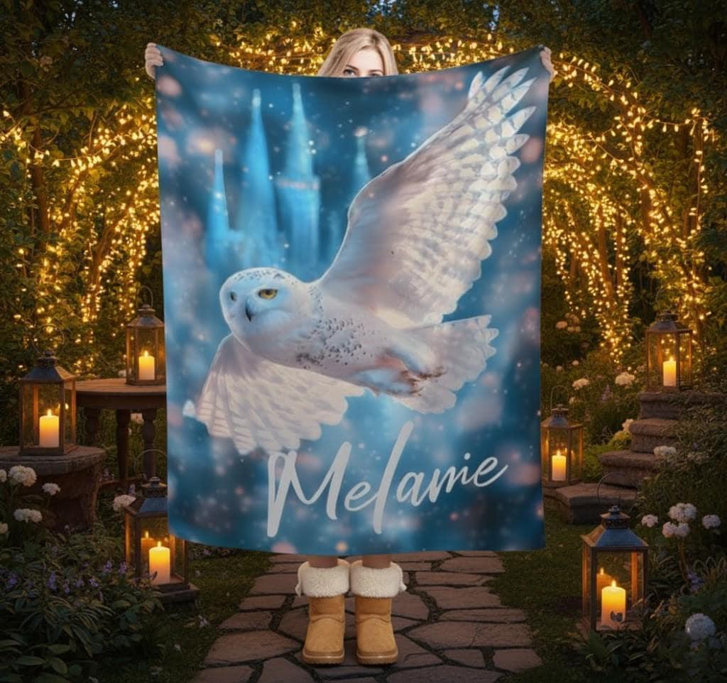Personalized Snowy Owl Blanket | Custom Name | Blue Galaxy Fleece Throw Gift