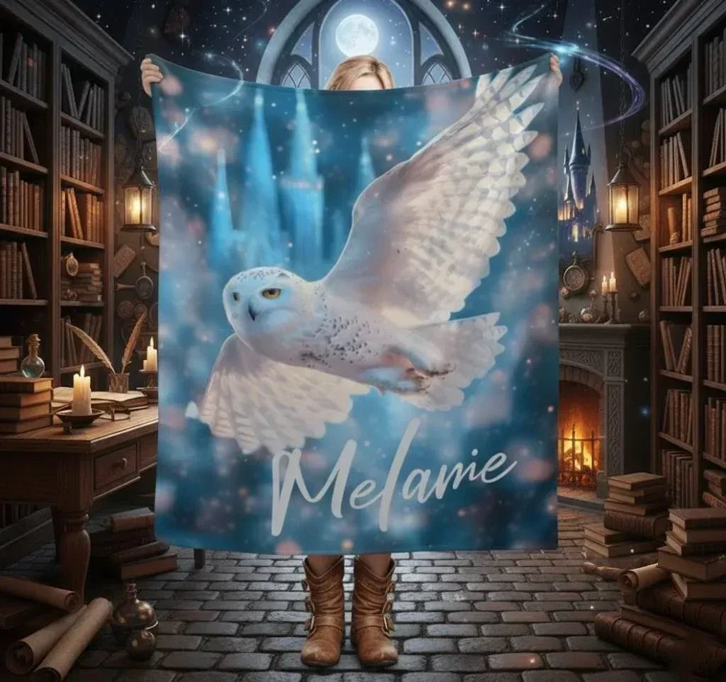 Personalized Snowy Owl Blanket | Custom Name | Blue Galaxy Fleece Throw Gift