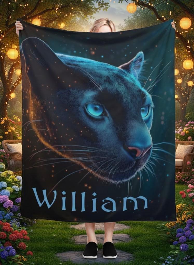 Personalized Black Panther Blanket | Custom Name | Cosmic Portrait Glowing Teal Eyes Starry Night Flannel Fleece Throw Gift