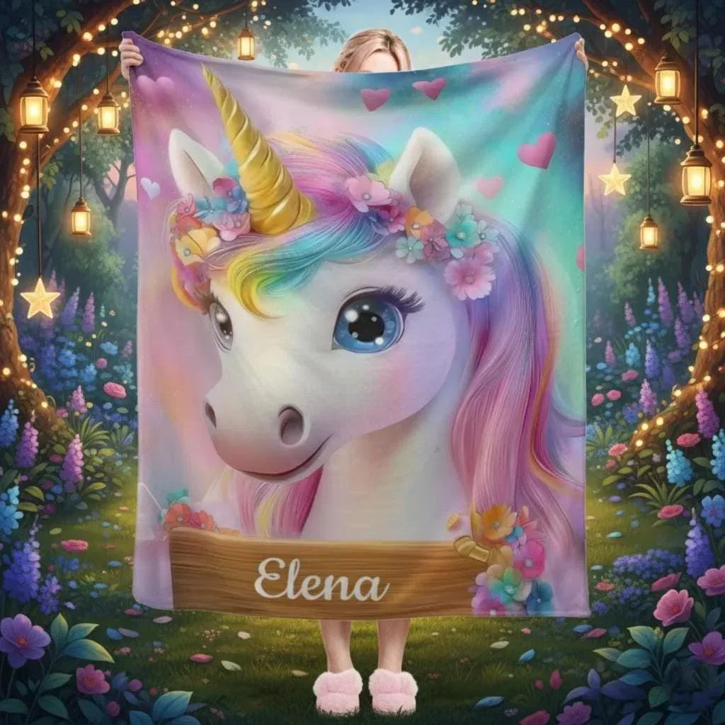 Personalized Unicorn Blanket | Custom Name | Rainbow Mane Blue Eyes Gold Horn Fleece Throw Gift for Girls