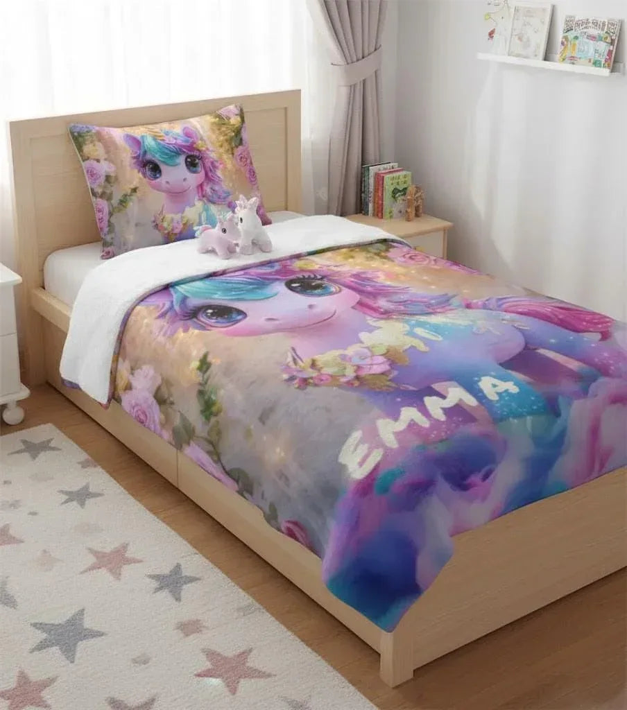 Personalized Unicorn Blanket | Custom Name | Baby Unicorn Rainbow Mane Floral Garden Sparkle 3D Flannel Fleece Throw Gift