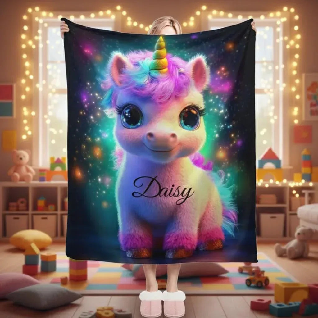 Personalized Cosmic Unicorn Blanket | Custom Name | Rainbow Galaxy Fleece Throw Gift