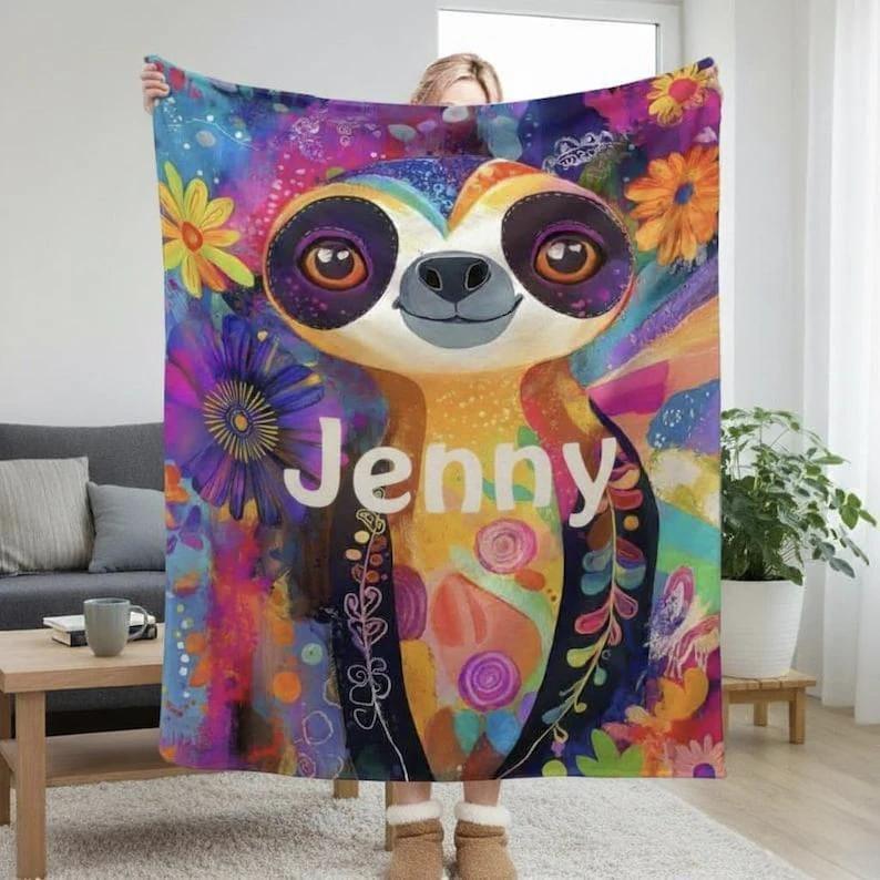 Personalized Sloth Blanket | Custom Name | Tropical Floral 310gsm Fleece Throw Gift