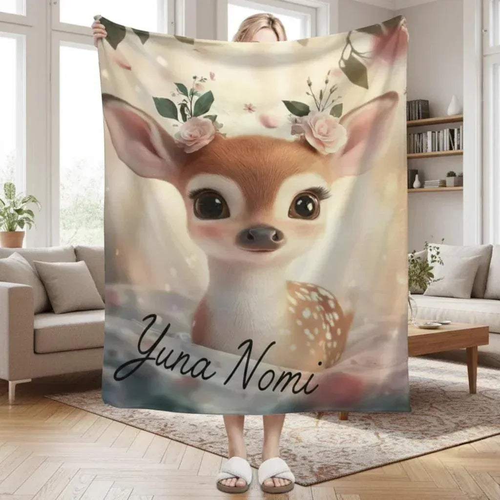 Personalized Deer Blanket | Custom Name | Christmas Wedding Floral Fawn Gift