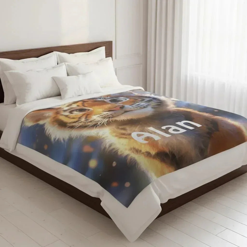 Personalized Tiger Blanket | Custom Name | Orange Tiger Cub Jungle Fleece Throw Gift