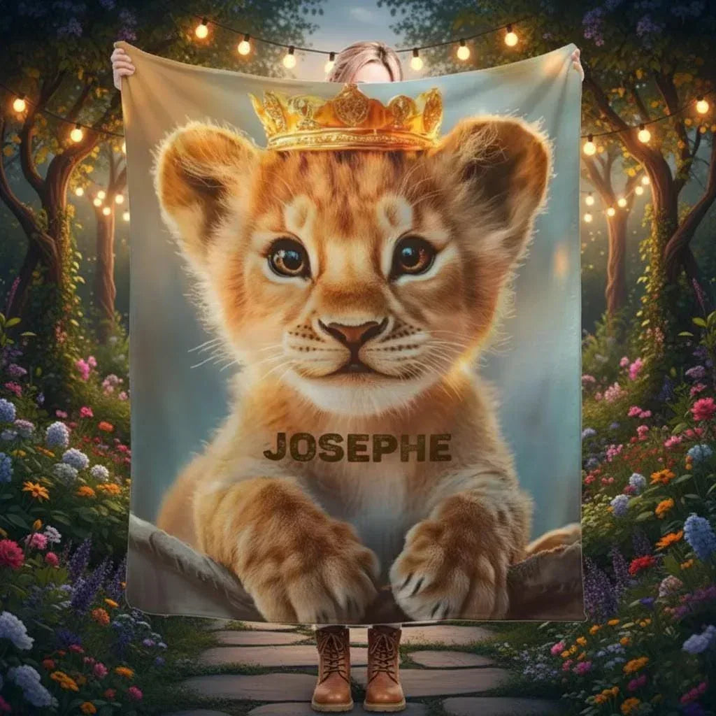 Personalized Crowned Lion Cub Blanket | Custom Name | Royal Golden Baby Lion with Gold Crown Fleece Throw Gift