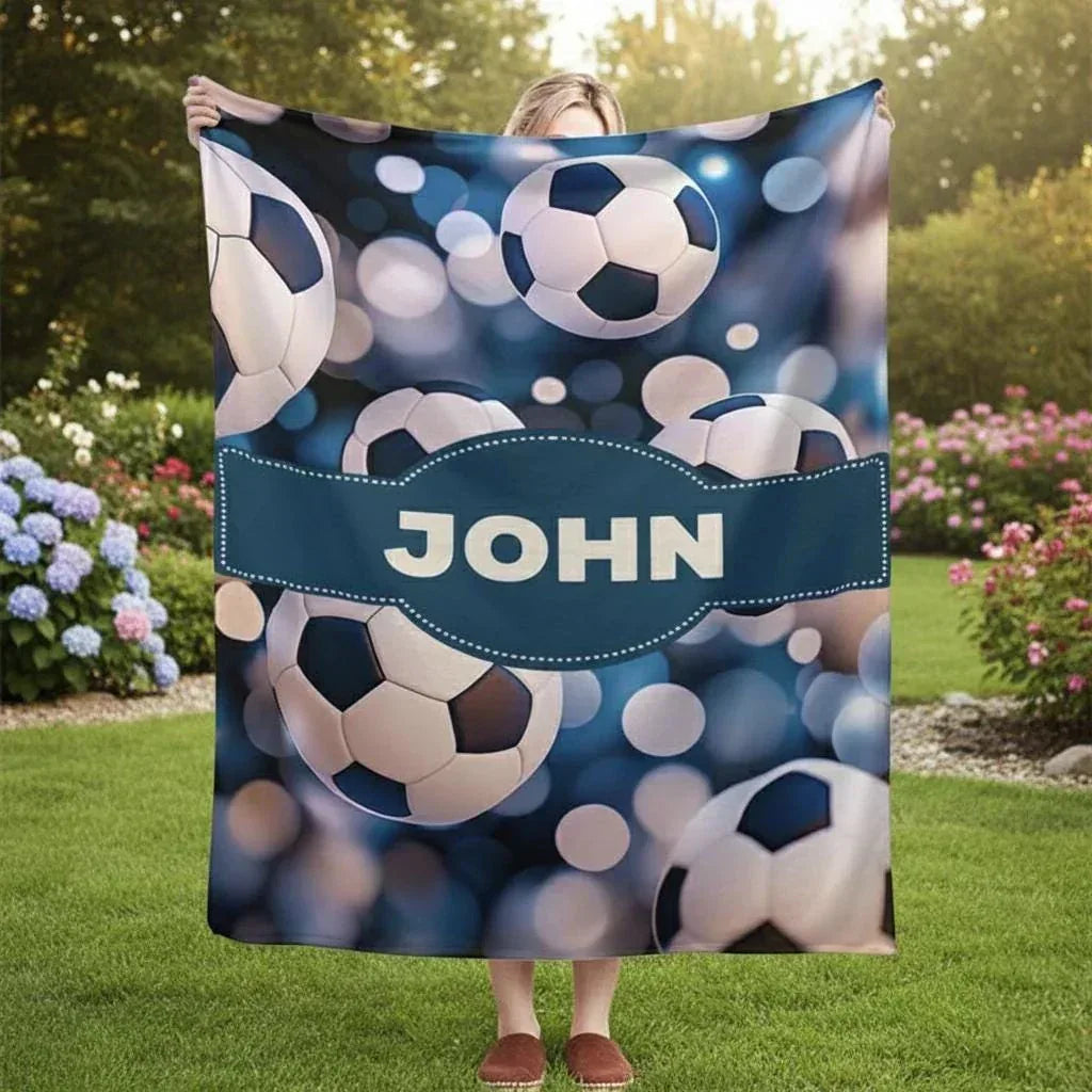 Personalized Soccer Ball Blanket | Custom Name | Football Fan Bokeh Blue Fleece Throw Gift