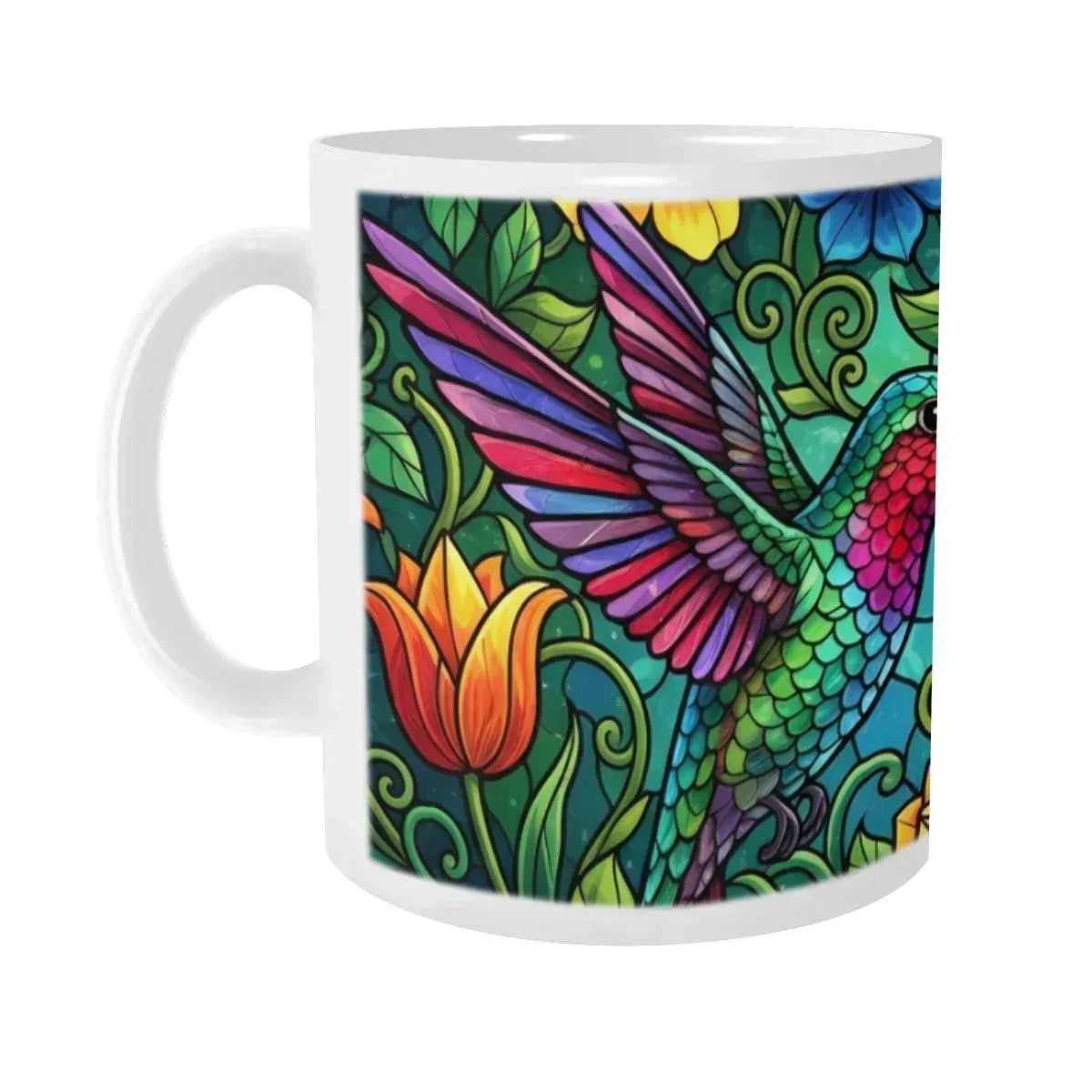 Hummingbird Mug | Stained Glass Jewel-Tone Hummingbird Tropical Flowers Ceramic Coffee Tea Cup Gift