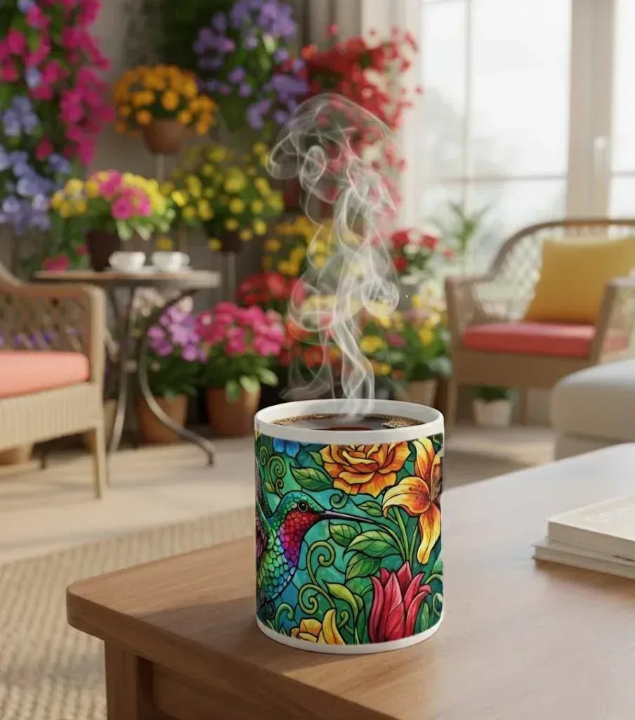 Hummingbird Mug | Stained Glass Jewel-Tone Hummingbird Tropical Flowers Ceramic Coffee Tea Cup Gift