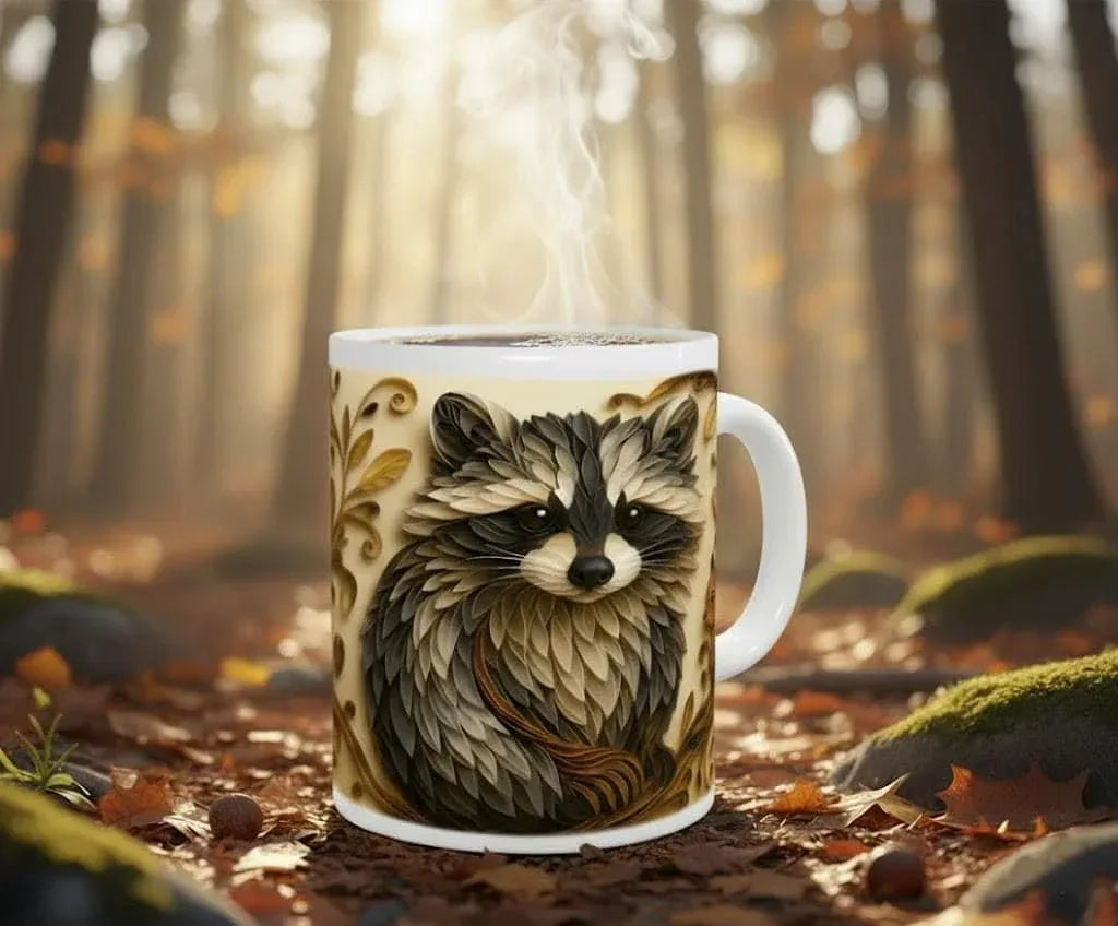 Whimsical Raccoon Mug | 3D Quilling Art Style | Woodland Animal Coffee & Tea Ceramic Gift