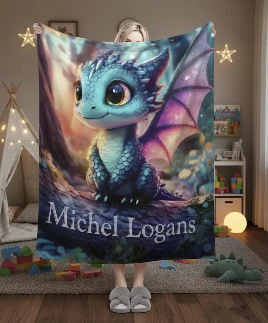 Personalized Blue Dragon Blanket | Custom Name | Magical Fantasy Fleece Throw Gift