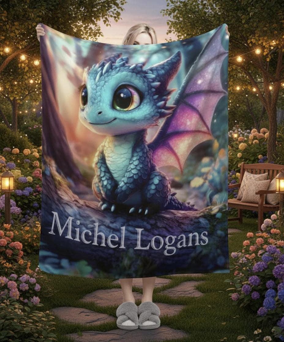 Personalized Blue Dragon Blanket | Custom Name | Magical Fantasy Fleece Throw Gift