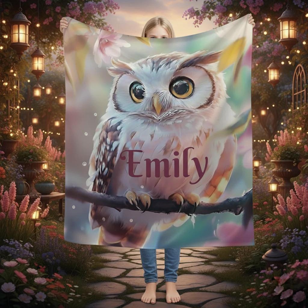 Personalized Owl Blanket | Custom Name | Fluffy Baby Owl on Branch Golden Amber Eyes Pink Floral Watercolor Spring Fleece Throw Gift