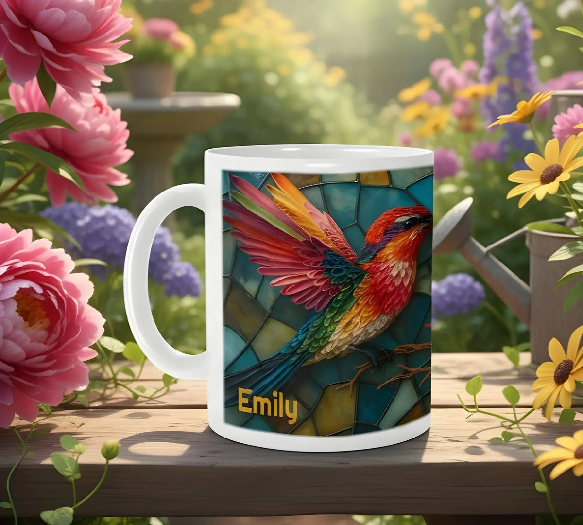 Personalized Stained Glass Hummingbird Mug | Custom Name | Bohemian Ceramic Coffee Tea Cup Gift