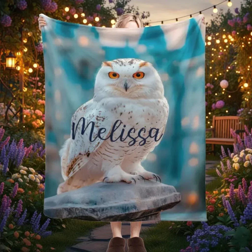 Personalized Snowy Owl Blanket | Custom Name | White Owl Amber Eyes Teal Magical Fleece Throw Gift