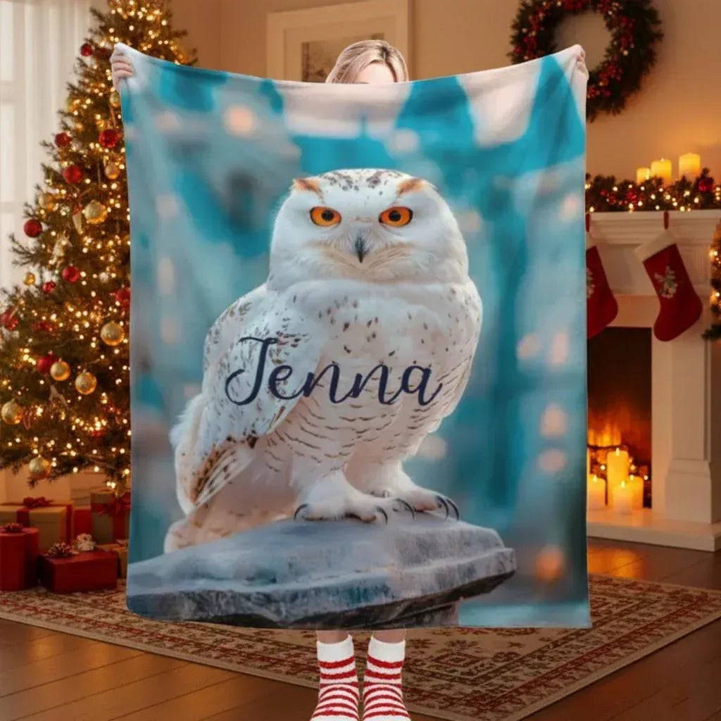 Personalized Snowy Owl Blanket | Custom Name | White Owl Amber Eyes Teal Magical Fleece Throw Gift