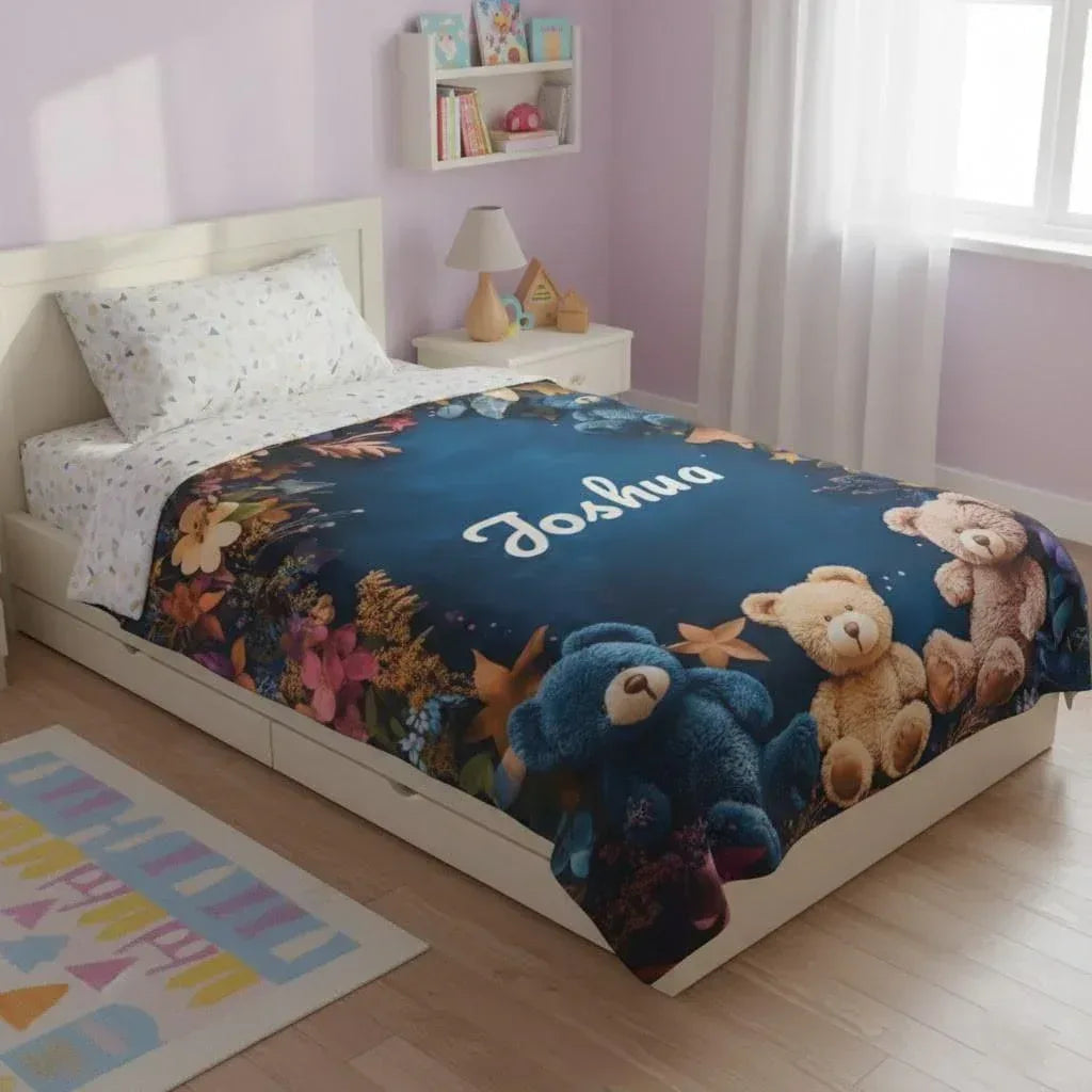 Personalized Teddy Bear Blanket | Custom Name | Three Plush Bears Botanical Border Deep Teal Fleece Throw Gift