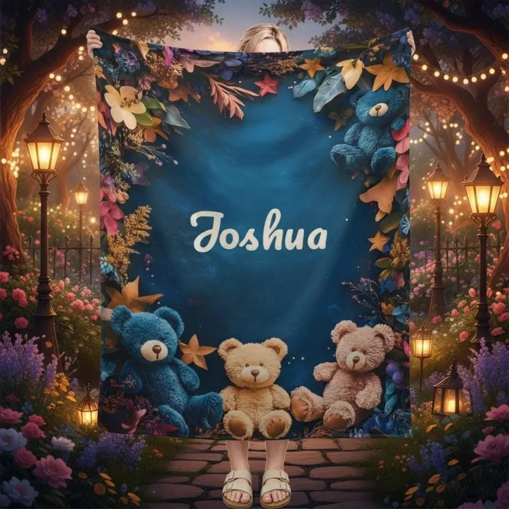 Personalized Teddy Bear Blanket | Custom Name | Three Plush Bears Botanical Border Deep Teal Fleece Throw Gift