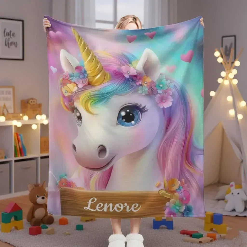 Personalized Unicorn Blanket | Custom Name | Rainbow Mane Blue Eyes Gold Horn Fleece Throw Gift for Girls