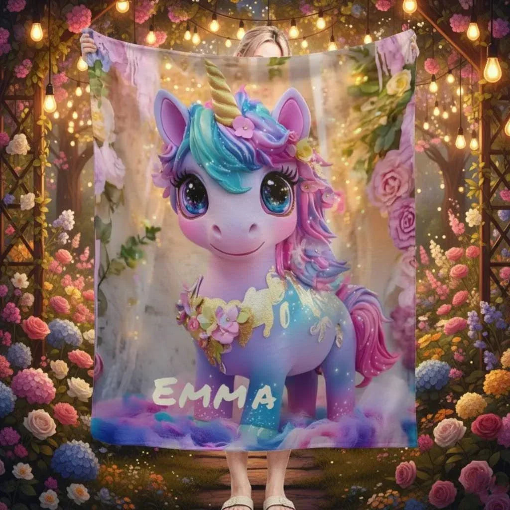 Personalized Unicorn Blanket | Custom Name | Baby Unicorn Rainbow Mane Floral Garden Sparkle 3D Flannel Fleece Throw Gift