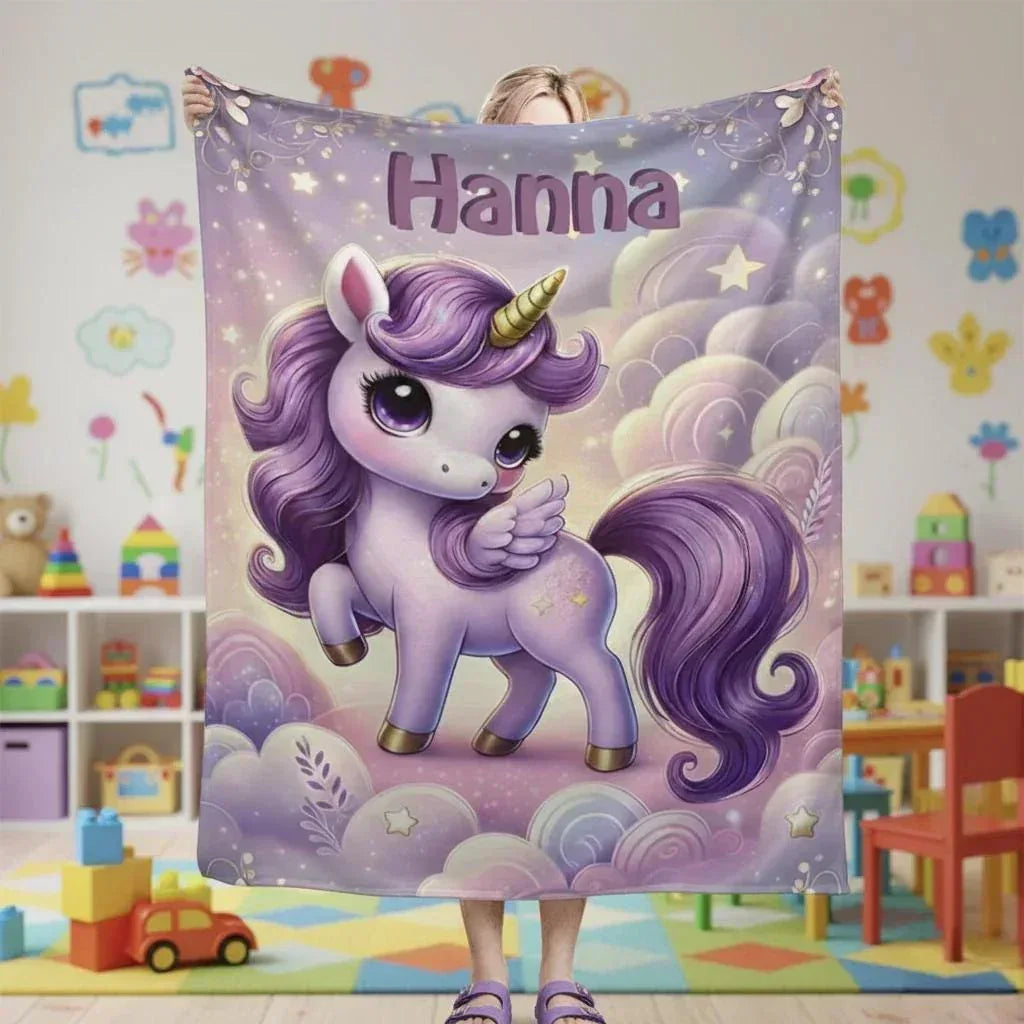 Personalized Purple Unicorn Blanket | Custom Name | Starry Cloud Flannel Fleece Throw Gift