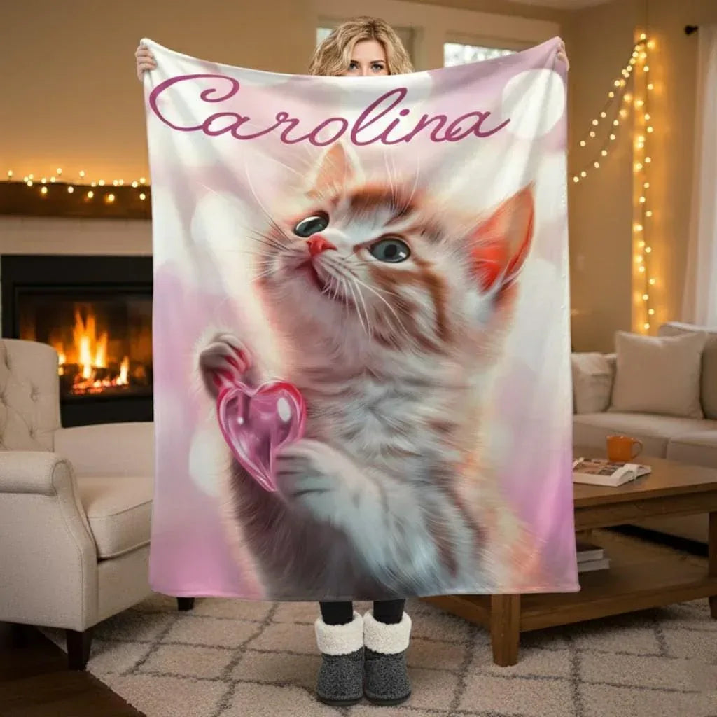 Personalized Kitten Blanket | Custom Name | Fluffy Tabby Kitten Pink Glass Heart Blush Fleece Throw Gift