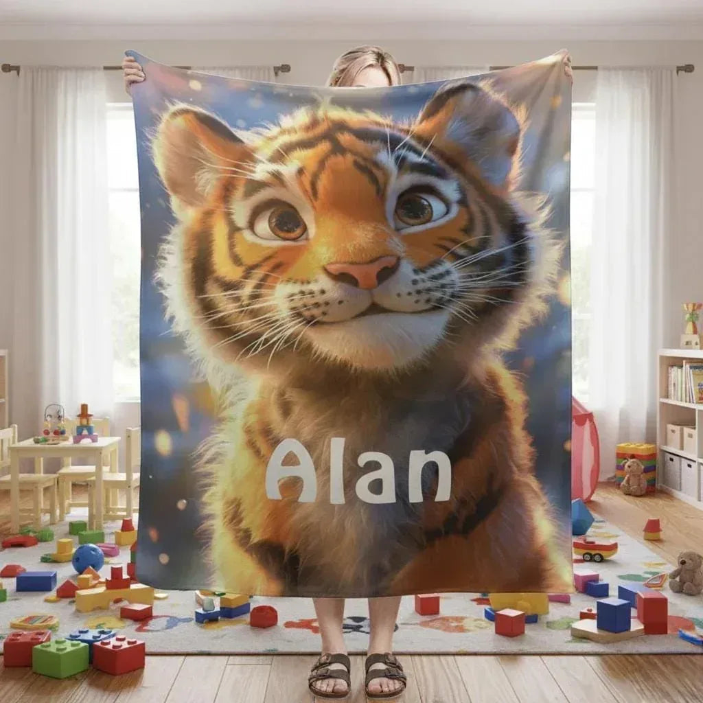 Personalized Tiger Blanket | Custom Name | Orange Tiger Cub Jungle Fleece Throw Gift