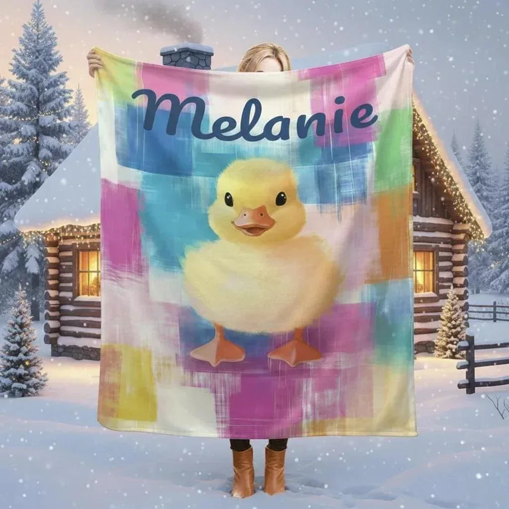 Personalized Baby Duck Blanket | Custom Name | Fluffy Yellow Duckling Watercolor Patchwork Fleece Throw Gift